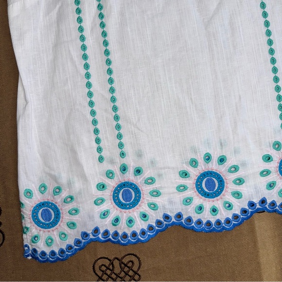 TALBOTS Linen Blend Embroidered Square Neck Top In White/Blue - Picture 3 of 16